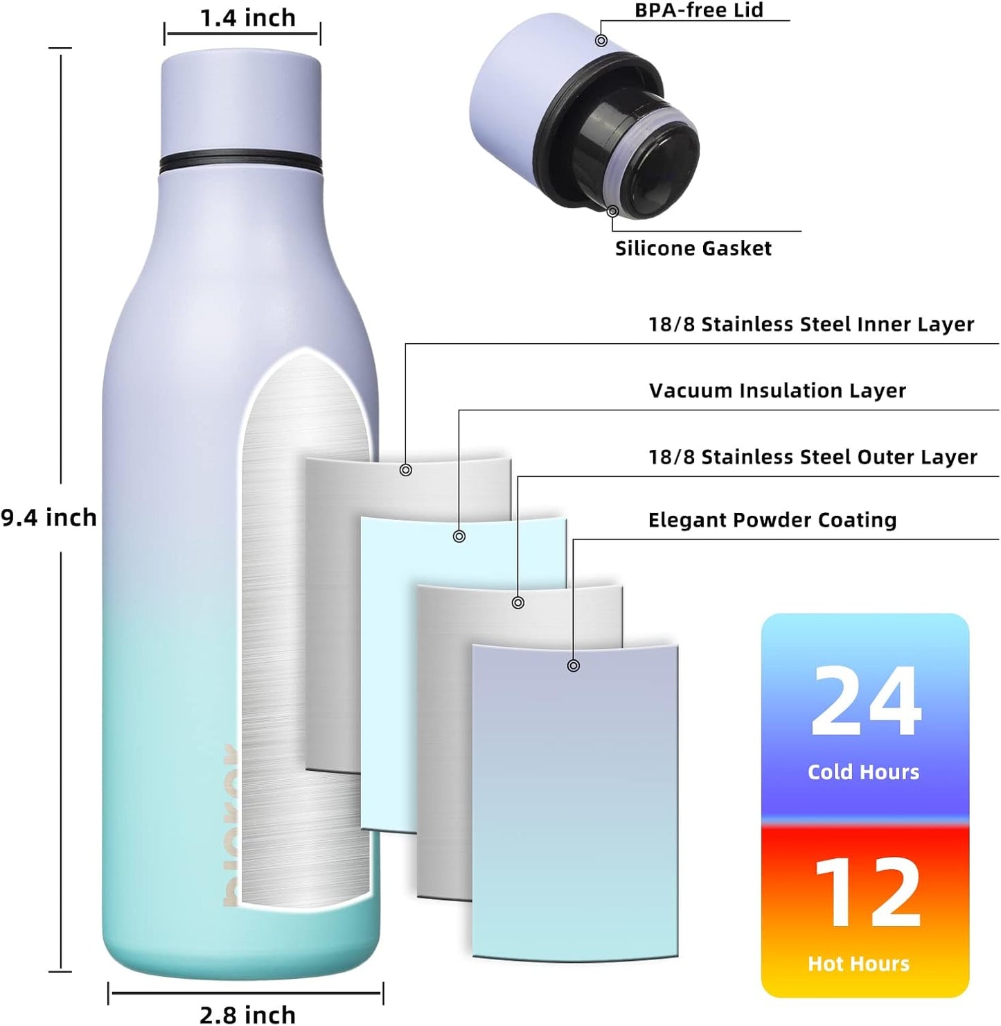 18oz Insulated Water Bottle, Stainless Steel Bottle with Carry Strap | Keep Cold & Hot Vacuum Insulation, Leak-Proof BPA-Free Design, Slim Bottle Fits Most Cup Holders for Gym, Office & Travel - Colors B
