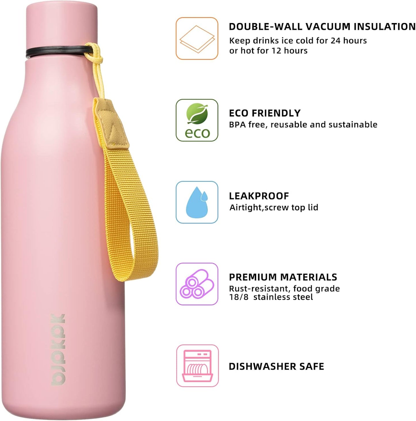 18oz Insulated Water Bottle, Stainless Steel Bottle with Carry Strap | Keep Cold & Hot Vacuum Insulation, Leak-Proof BPA-Free Design, Slim Bottle Fits Most Cup Holders for Gym, Office & Travel - Colors B