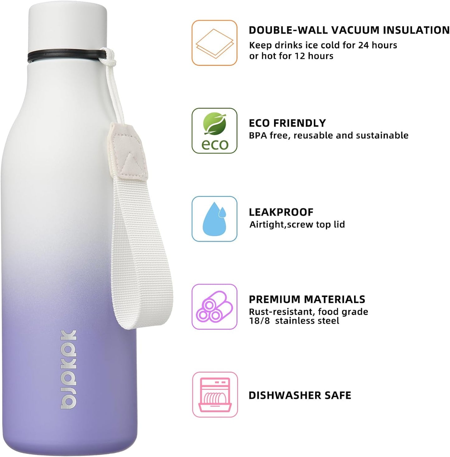 18oz Insulated Water Bottle, Stainless Steel Bottle with Carry Strap | Keep Cold & Hot Vacuum Insulation, Leak-Proof BPA-Free Design, Slim Bottle Fits Most Cup Holders for Gym, Office & Travel - Colors B