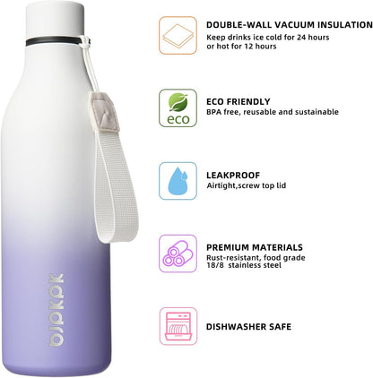 18oz Insulated Water Bottle, Stainless Steel Bottle with Carry Strap | Keep Cold & Hot Vacuum Insulation, Leak-Proof BPA-Free Design, Slim Bottle Fits Most Cup Holders for Gym, Office & Travel - Colors B