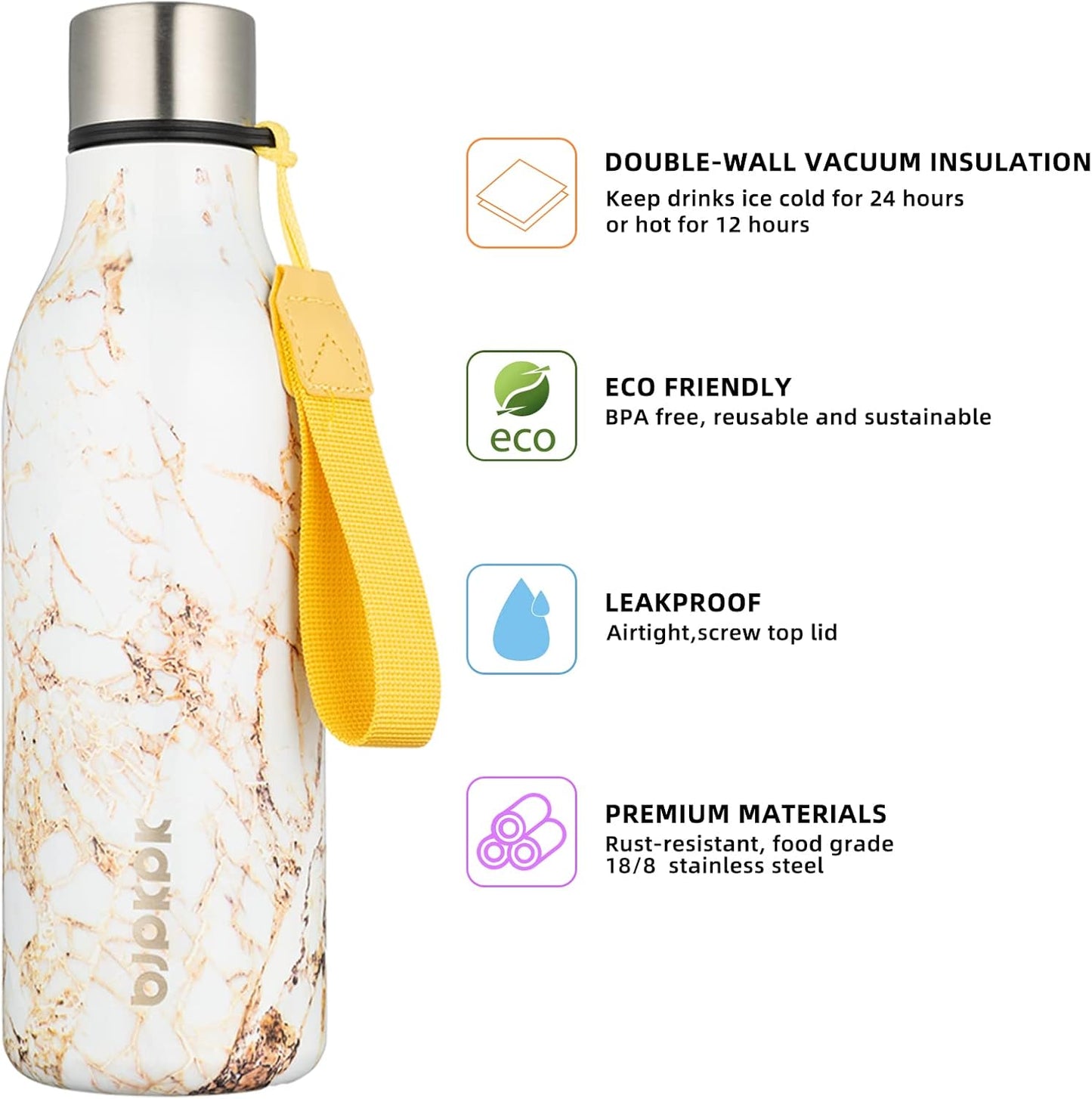 18oz Insulated Water Bottle, Stainless Steel Bottle with Carry Strap | Keep Cold & Hot Vacuum Insulation, Leak-Proof BPA-Free Design, Slim Bottle Fits Most Cup Holders for Gym, Office & Travel - Colors B