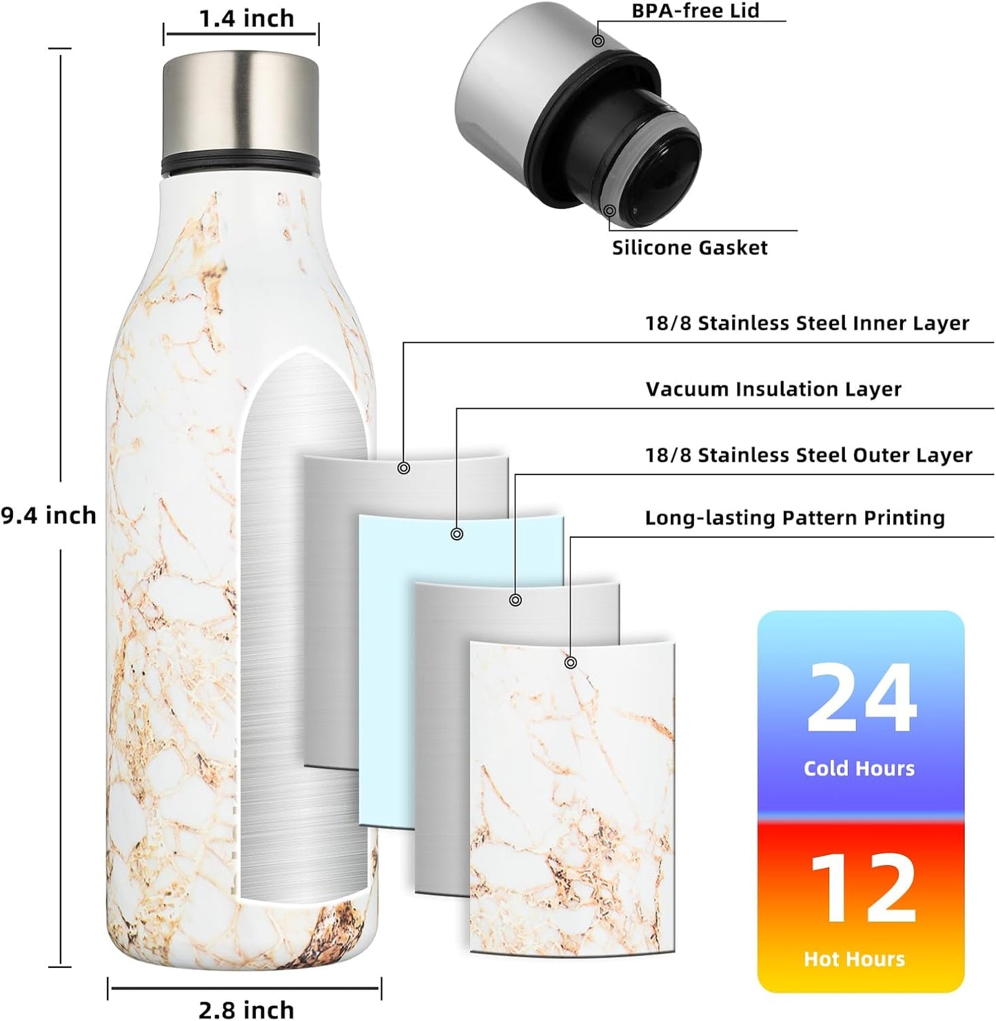18oz Insulated Water Bottle, Stainless Steel Bottle with Carry Strap | Keep Cold & Hot Vacuum Insulation, Leak-Proof BPA-Free Design, Slim Bottle Fits Most Cup Holders for Gym, Office & Travel - Colors B