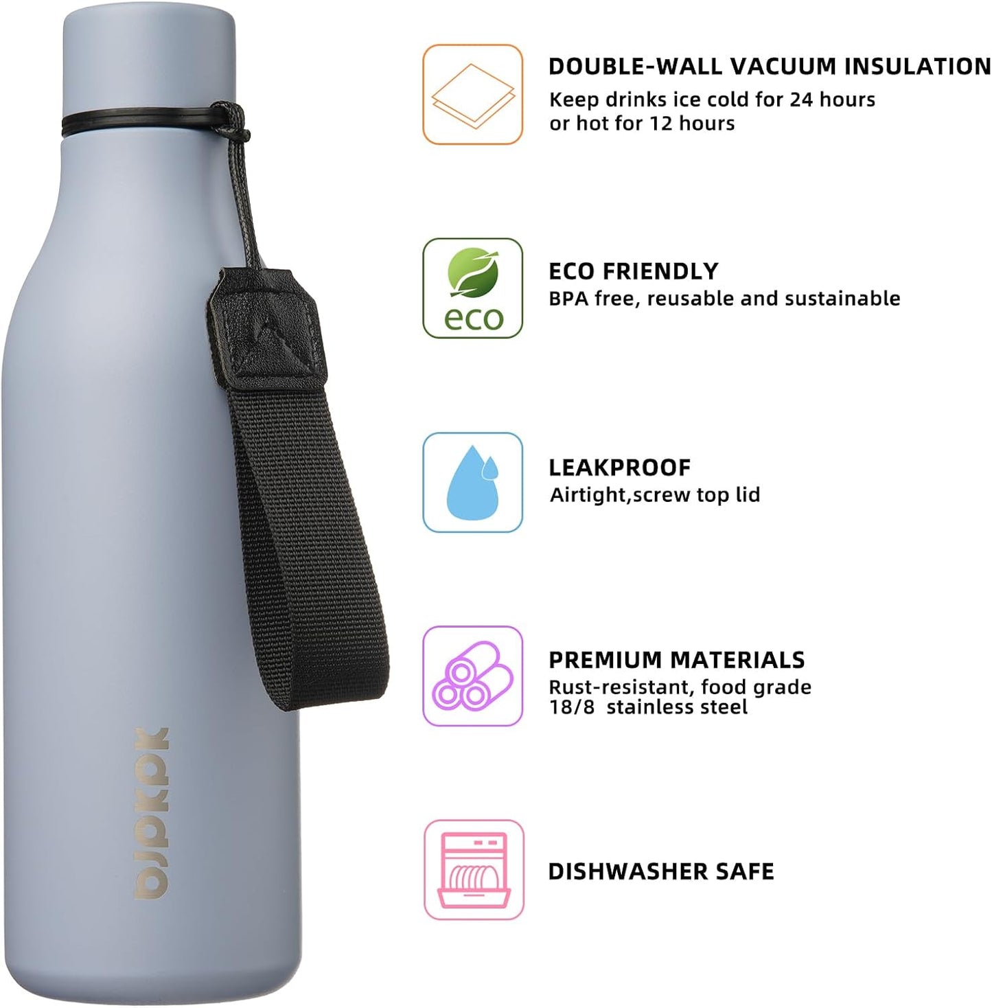 18oz Insulated Water Bottle, Stainless Steel Bottle with Carry Strap | Keep Cold & Hot Vacuum Insulation, Leak-Proof BPA-Free Design, Slim Bottle Fits Most Cup Holders for Gym, Office & Travel - Colors B