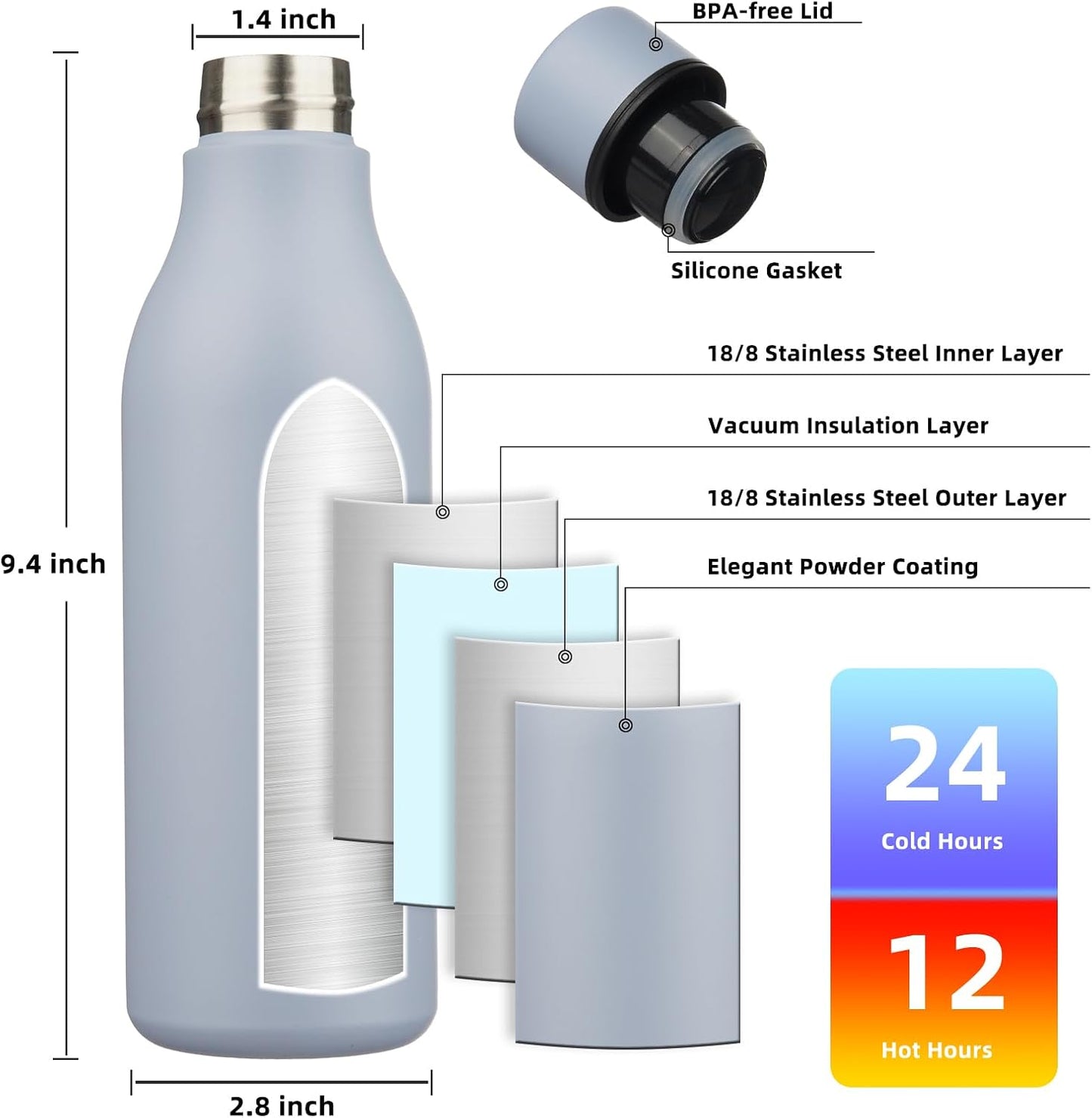 18oz Insulated Water Bottle, Stainless Steel Bottle with Carry Strap | Keep Cold & Hot Vacuum Insulation, Leak-Proof BPA-Free Design, Slim Bottle Fits Most Cup Holders for Gym, Office & Travel - Colors B