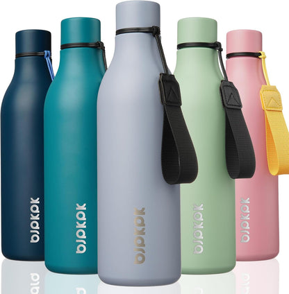 18oz Insulated Water Bottle, Stainless Steel Bottle with Carry Strap | Keep Cold & Hot Vacuum Insulation, Leak-Proof BPA-Free Design, Slim Bottle Fits Most Cup Holders for Gym, Office & Travel - Colors B