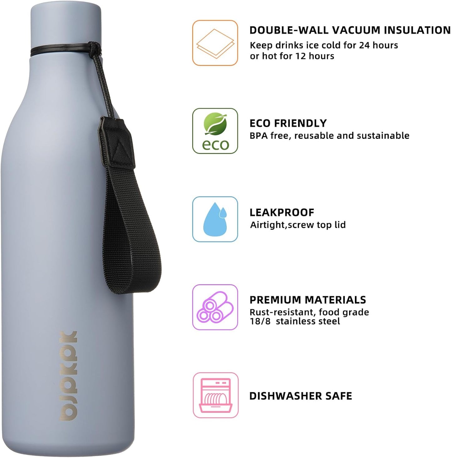 18oz Insulated Water Bottle, Stainless Steel Bottle with Carry Strap | Keep Cold & Hot Vacuum Insulation, Leak-Proof BPA-Free Design, Slim Bottle Fits Most Cup Holders for Gym, Office & Travel - Colors B