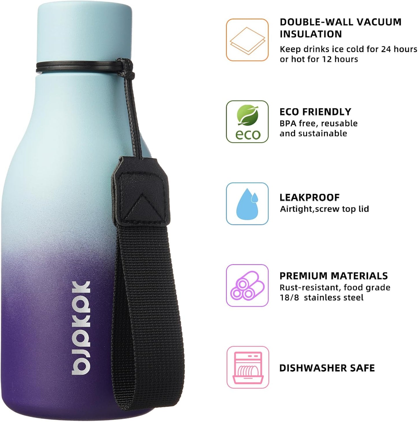 18oz Insulated Water Bottle, Stainless Steel Bottle with Carry Strap | Keep Cold & Hot Vacuum Insulation, Leak-Proof BPA-Free Design, Slim Bottle Fits Most Cup Holders for Gym, Office & Travel - Colors B