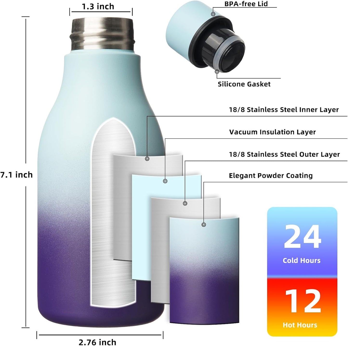 18oz Insulated Water Bottle, Stainless Steel Bottle with Carry Strap | Keep Cold & Hot Vacuum Insulation, Leak-Proof BPA-Free Design, Slim Bottle Fits Most Cup Holders for Gym, Office & Travel - Colors B