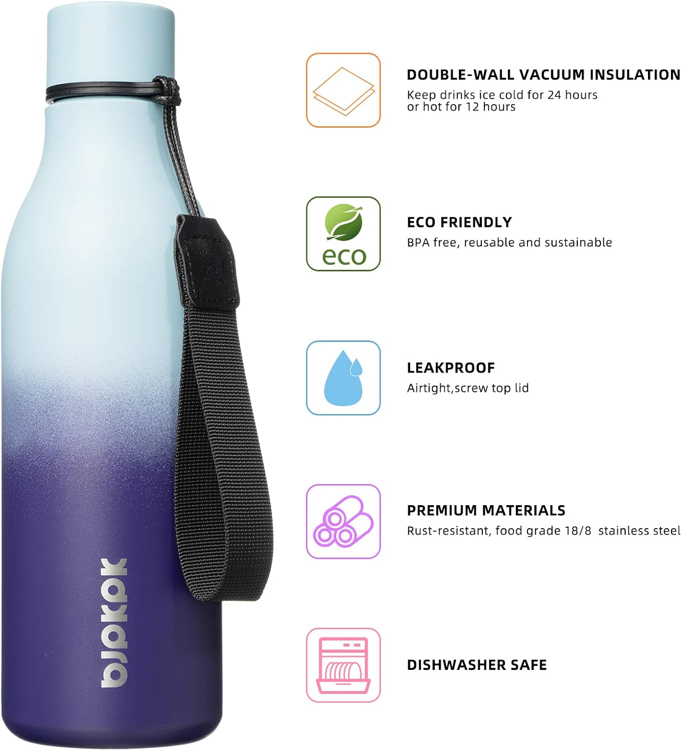 18oz Insulated Water Bottle, Stainless Steel Bottle with Carry Strap | Keep Cold & Hot Vacuum Insulation, Leak-Proof BPA-Free Design, Slim Bottle Fits Most Cup Holders for Gym, Office & Travel - Colors B