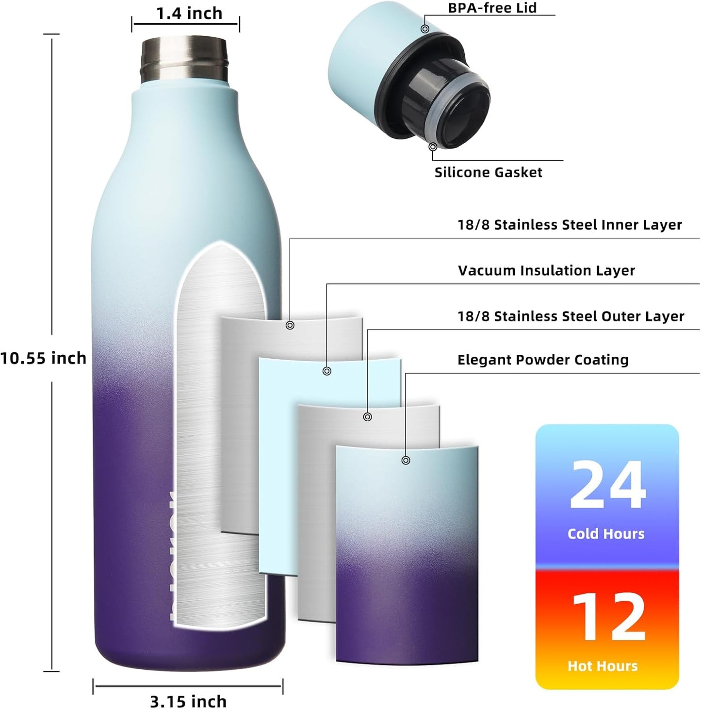 18oz Insulated Water Bottle, Stainless Steel Bottle with Carry Strap | Keep Cold & Hot Vacuum Insulation, Leak-Proof BPA-Free Design, Slim Bottle Fits Most Cup Holders for Gym, Office & Travel - Colors B