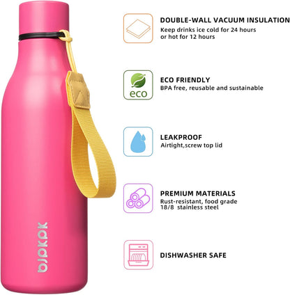 18oz Insulated Water Bottle, Stainless Steel Bottle with Carry Strap | Keep Cold & Hot Vacuum Insulation, Leak-Proof BPA-Free Design, Slim Bottle Fits Most Cup Holders for Gym, Office & Travel - Colors B