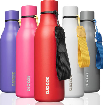 18oz Insulated Water Bottle, Stainless Steel Bottle with Carry Strap | Keep Cold & Hot Vacuum Insulation, Leak-Proof BPA-Free Design, Slim Bottle Fits Most Cup Holders for Gym, Office & Travel - Colors B