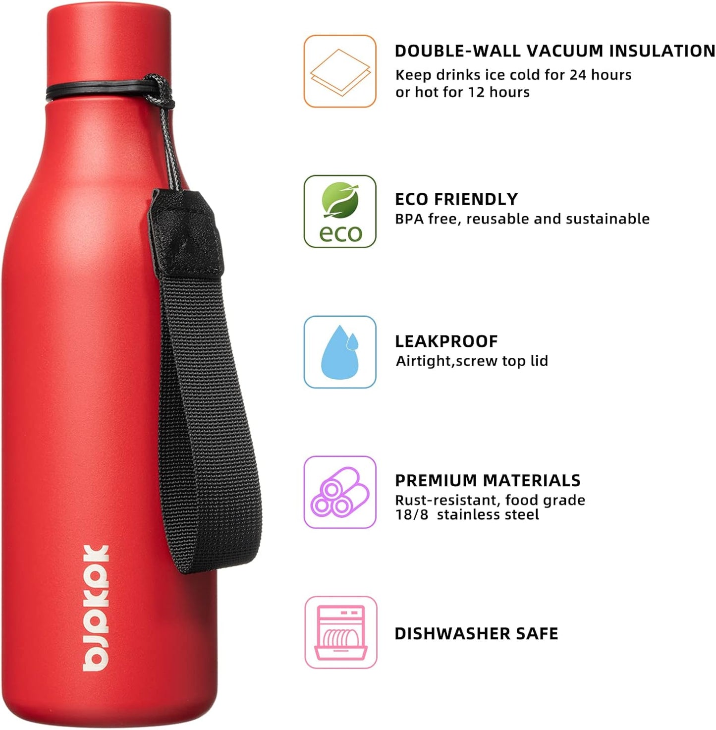18oz Insulated Water Bottle, Stainless Steel Bottle with Carry Strap | Keep Cold & Hot Vacuum Insulation, Leak-Proof BPA-Free Design, Slim Bottle Fits Most Cup Holders for Gym, Office & Travel - Colors B