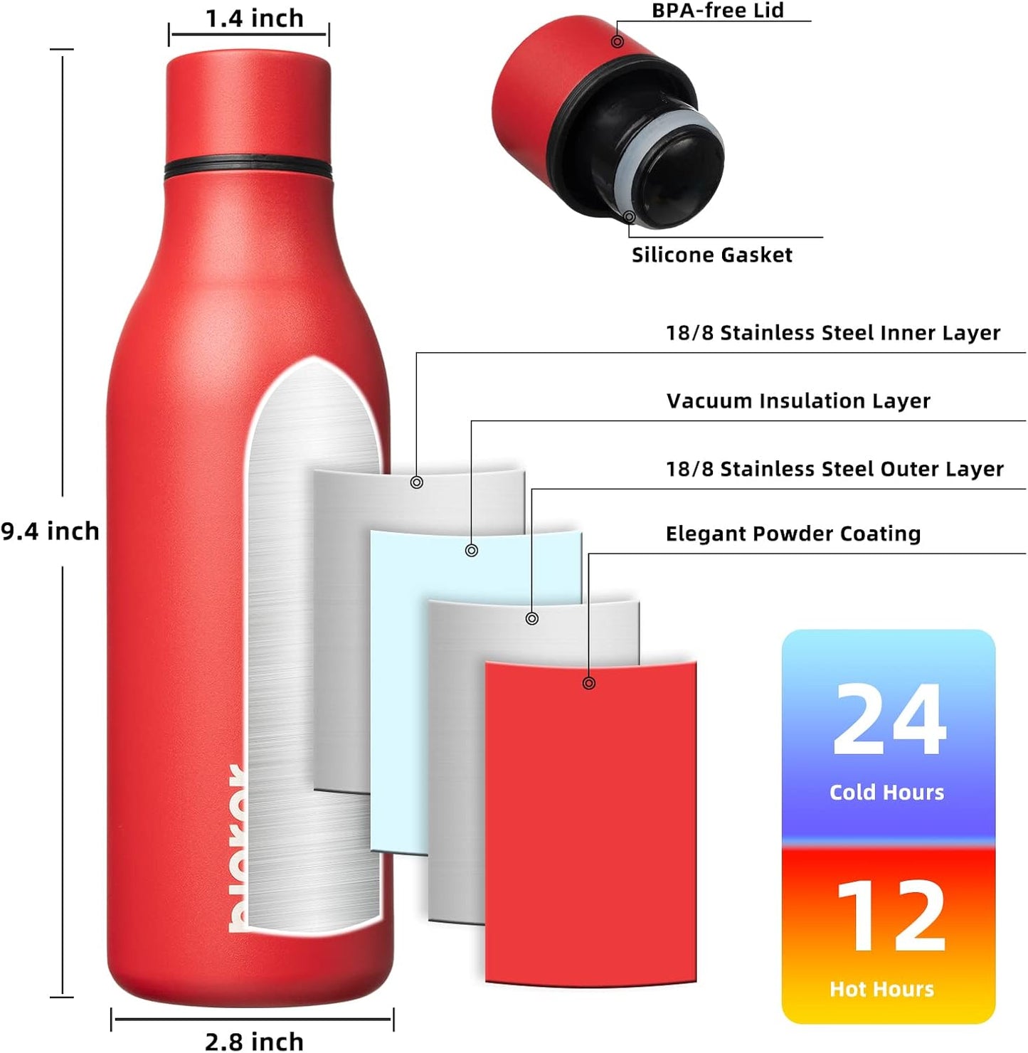 18oz Insulated Water Bottle, Stainless Steel Bottle with Carry Strap | Keep Cold & Hot Vacuum Insulation, Leak-Proof BPA-Free Design, Slim Bottle Fits Most Cup Holders for Gym, Office & Travel - Colors B