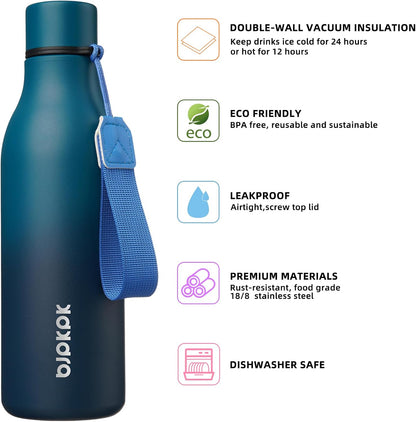 18oz Insulated Water Bottle, Stainless Steel Bottle with Carry Strap | Keep Cold & Hot Vacuum Insulation, Leak-Proof BPA-Free Design, Slim Bottle Fits Most Cup Holders for Gym, Office & Travel - Colors B