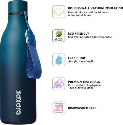 18oz Insulated Water Bottle, Stainless Steel Bottle with Carry Strap | Keep Cold & Hot Vacuum Insulation, Leak-Proof BPA-Free Design, Slim Bottle Fits Most Cup Holders for Gym, Office & Travel - Colors B