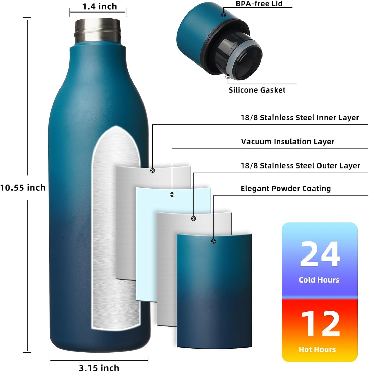 18oz Insulated Water Bottle, Stainless Steel Bottle with Carry Strap | Keep Cold & Hot Vacuum Insulation, Leak-Proof BPA-Free Design, Slim Bottle Fits Most Cup Holders for Gym, Office & Travel - Colors B