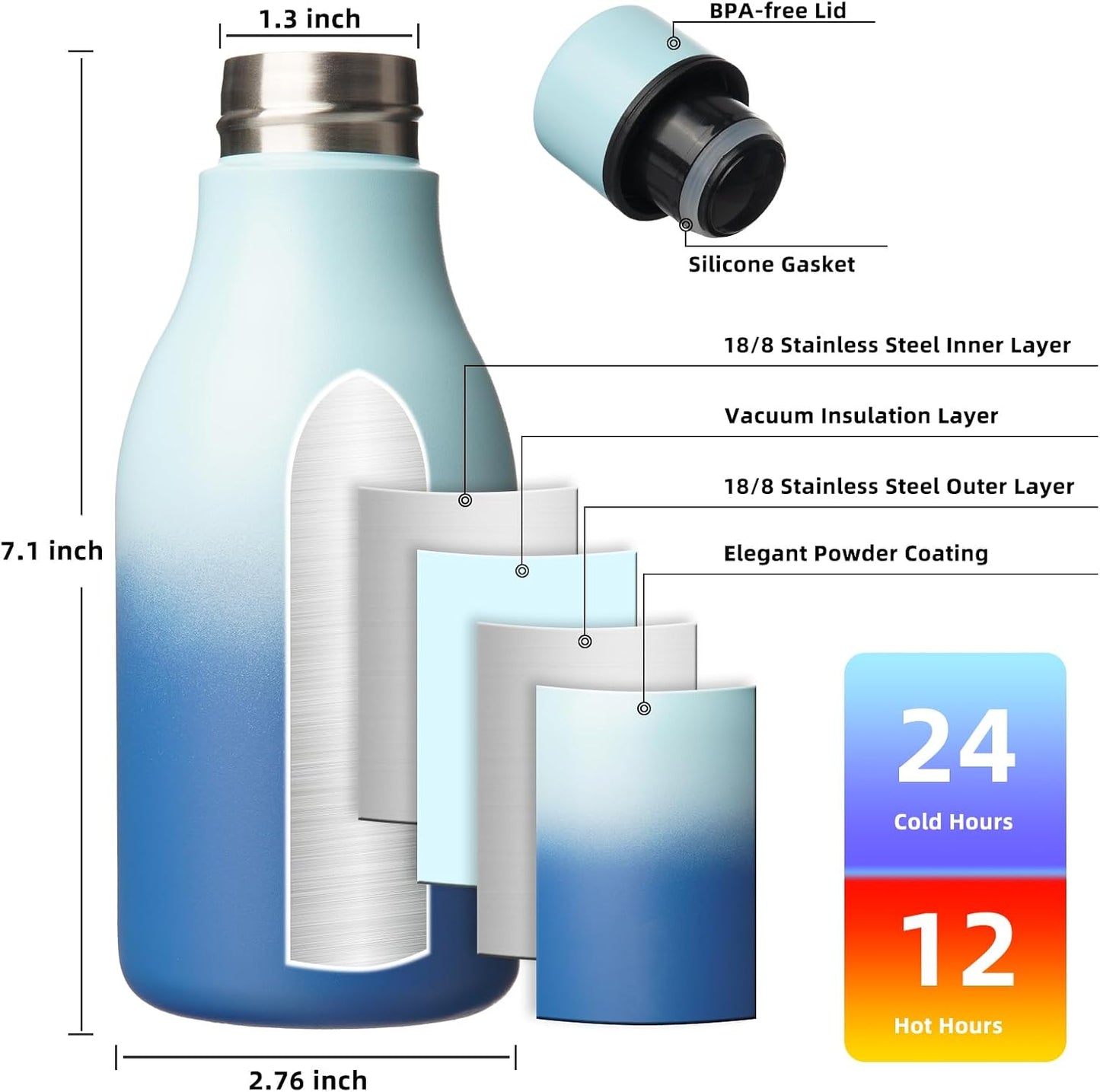18oz Insulated Water Bottle, Stainless Steel Bottle with Carry Strap | Keep Cold & Hot Vacuum Insulation, Leak-Proof BPA-Free Design, Slim Bottle Fits Most Cup Holders for Gym, Office & Travel - Colors B