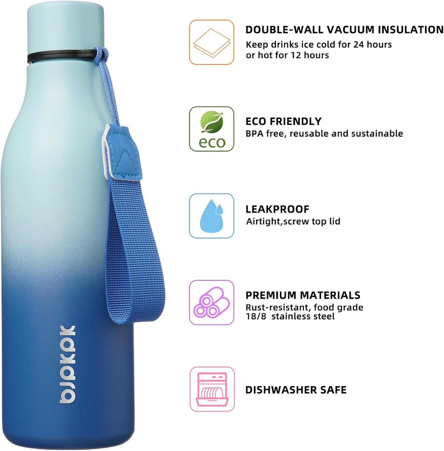 18oz Insulated Water Bottle, Stainless Steel Bottle with Carry Strap | Keep Cold & Hot Vacuum Insulation, Leak-Proof BPA-Free Design, Slim Bottle Fits Most Cup Holders for Gym, Office & Travel - Colors B