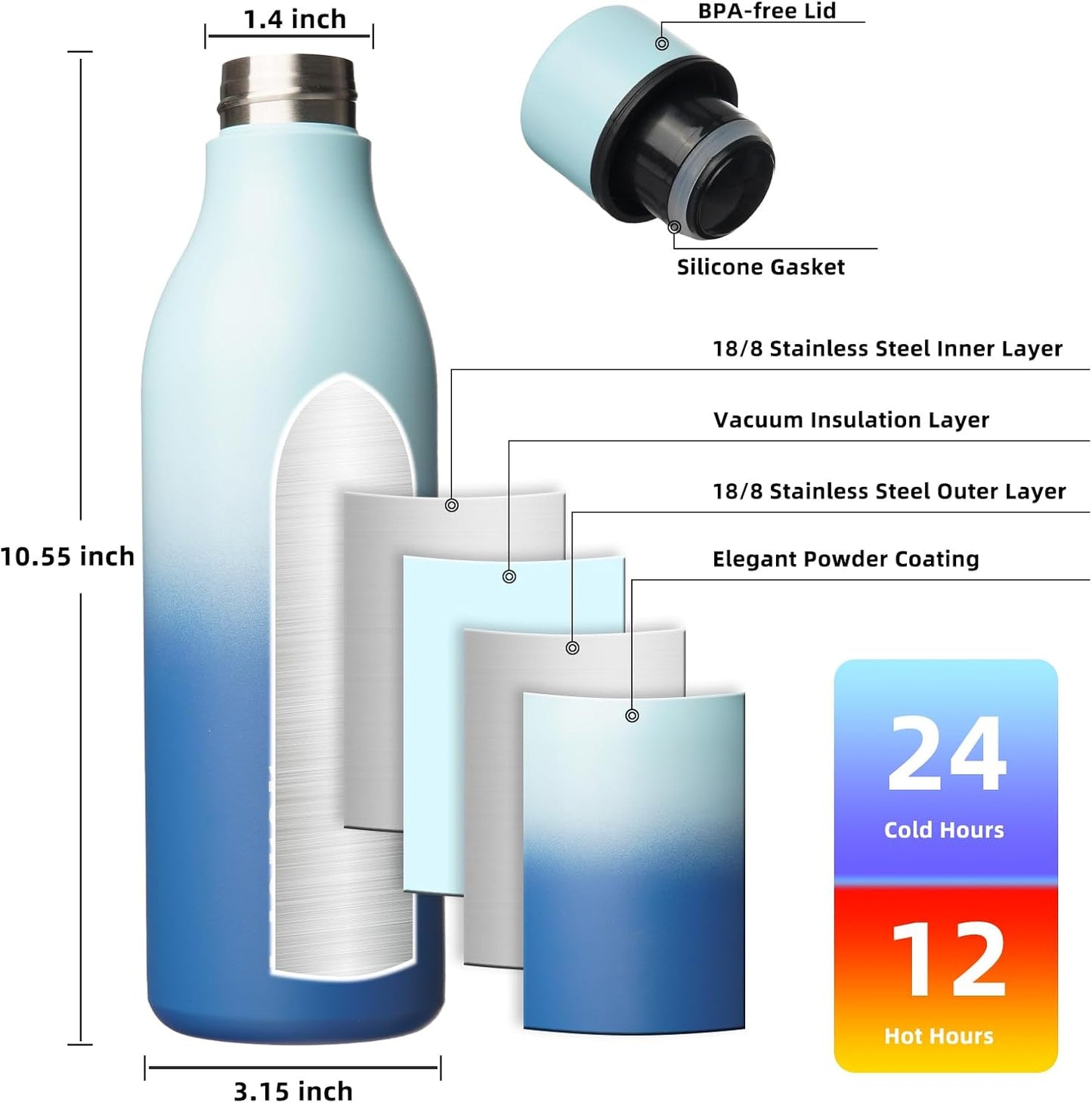 18oz Insulated Water Bottle, Stainless Steel Bottle with Carry Strap | Keep Cold & Hot Vacuum Insulation, Leak-Proof BPA-Free Design, Slim Bottle Fits Most Cup Holders for Gym, Office & Travel - Colors B