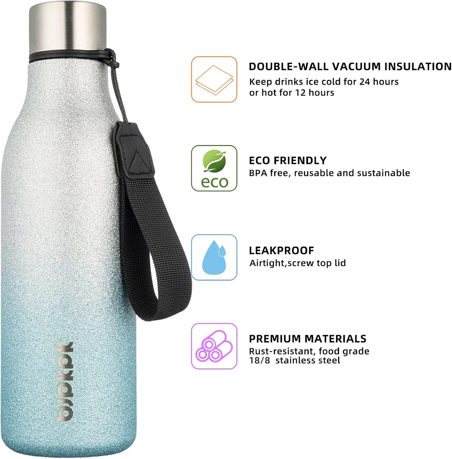 18oz Insulated Water Bottle, Stainless Steel Bottle with Carry Strap | Keep Cold & Hot Vacuum Insulation, Leak-Proof BPA-Free Design, Slim Bottle Fits Most Cup Holders for Gym, Office & Travel - Colors B