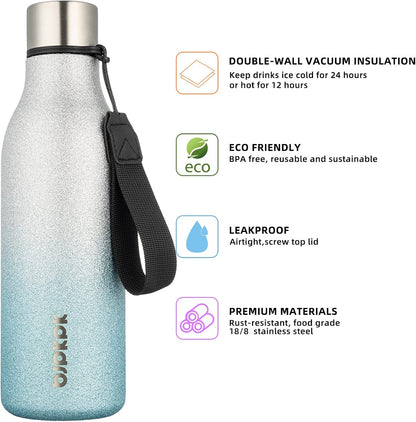 18oz Insulated Water Bottle, Stainless Steel Bottle with Carry Strap | Keep Cold & Hot Vacuum Insulation, Leak-Proof BPA-Free Design, Slim Bottle Fits Most Cup Holders for Gym, Office & Travel - Colors B