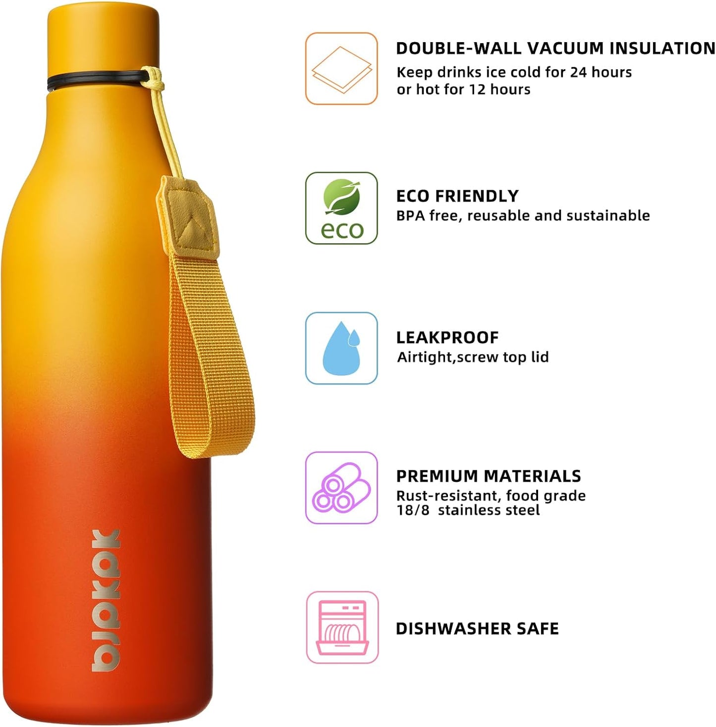 18oz Insulated Water Bottle, Stainless Steel Bottle with Carry Strap | Keep Cold & Hot Vacuum Insulation, Leak-Proof BPA-Free Design, Slim Bottle Fits Most Cup Holders for Gym, Office & Travel - Colors B