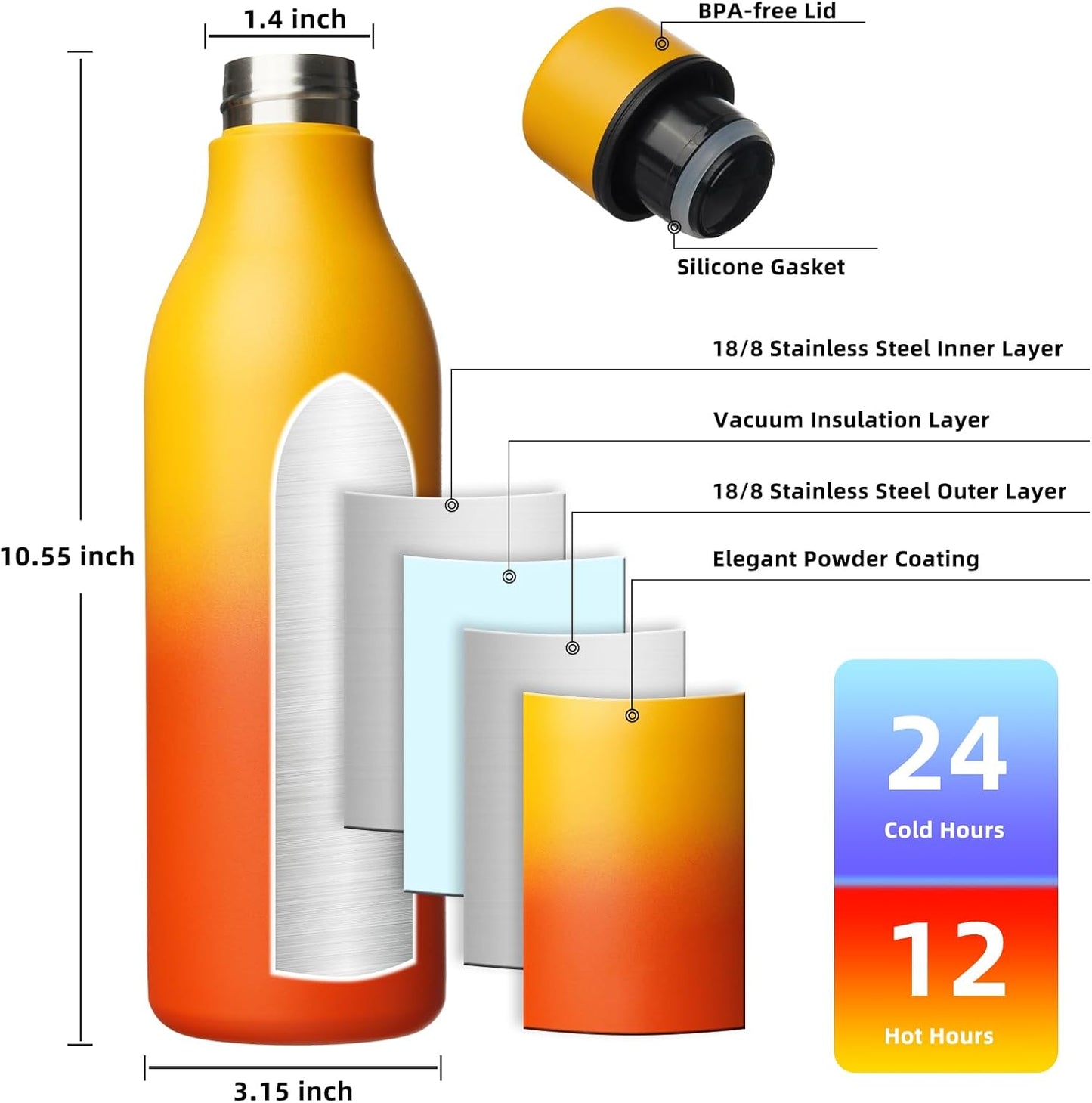 18oz Insulated Water Bottle, Stainless Steel Bottle with Carry Strap | Keep Cold & Hot Vacuum Insulation, Leak-Proof BPA-Free Design, Slim Bottle Fits Most Cup Holders for Gym, Office & Travel - Colors B