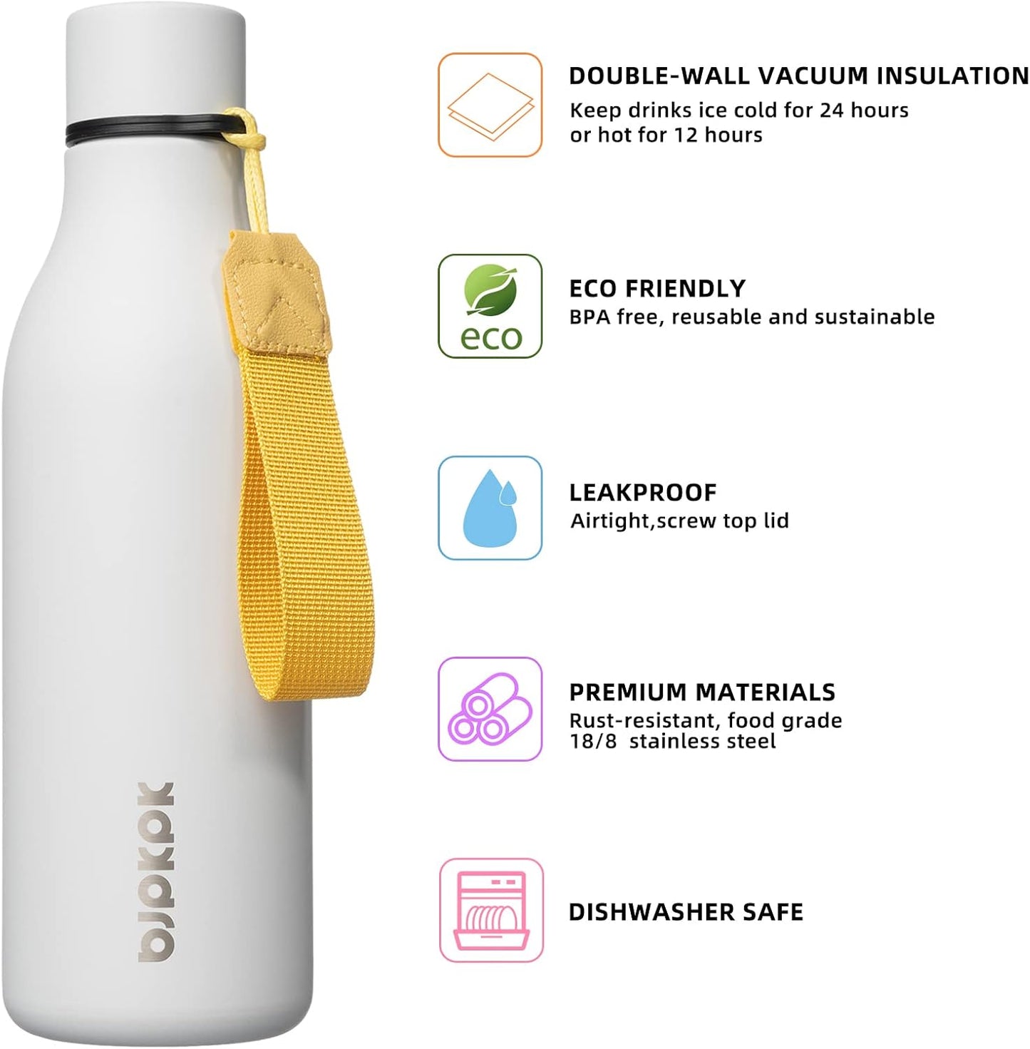 18oz Insulated Water Bottle, Stainless Steel Bottle with Carry Strap | Keep Cold & Hot Vacuum Insulation, Leak-Proof BPA-Free Design, Slim Bottle Fits Most Cup Holders for Gym, Office & Travel - Colors B