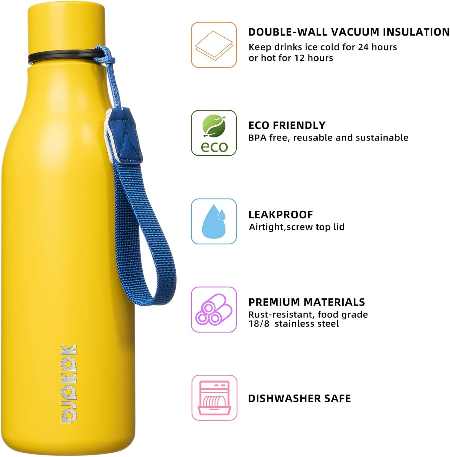 18oz Insulated Water Bottle, Stainless Steel Bottle with Carry Strap | Keep Cold & Hot Vacuum Insulation, Leak-Proof BPA-Free Design, Slim Bottle Fits Most Cup Holders for Gym, Office & Travel - Colors B