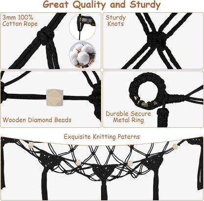 Stuffed Animal Storage Hammock Corner, 56'' Large Macrame Plushie Net,Black