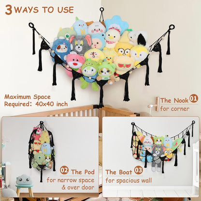 Stuffed Animal Storage Hammock Corner, 56'' Large Macrame Plushie Net,Black