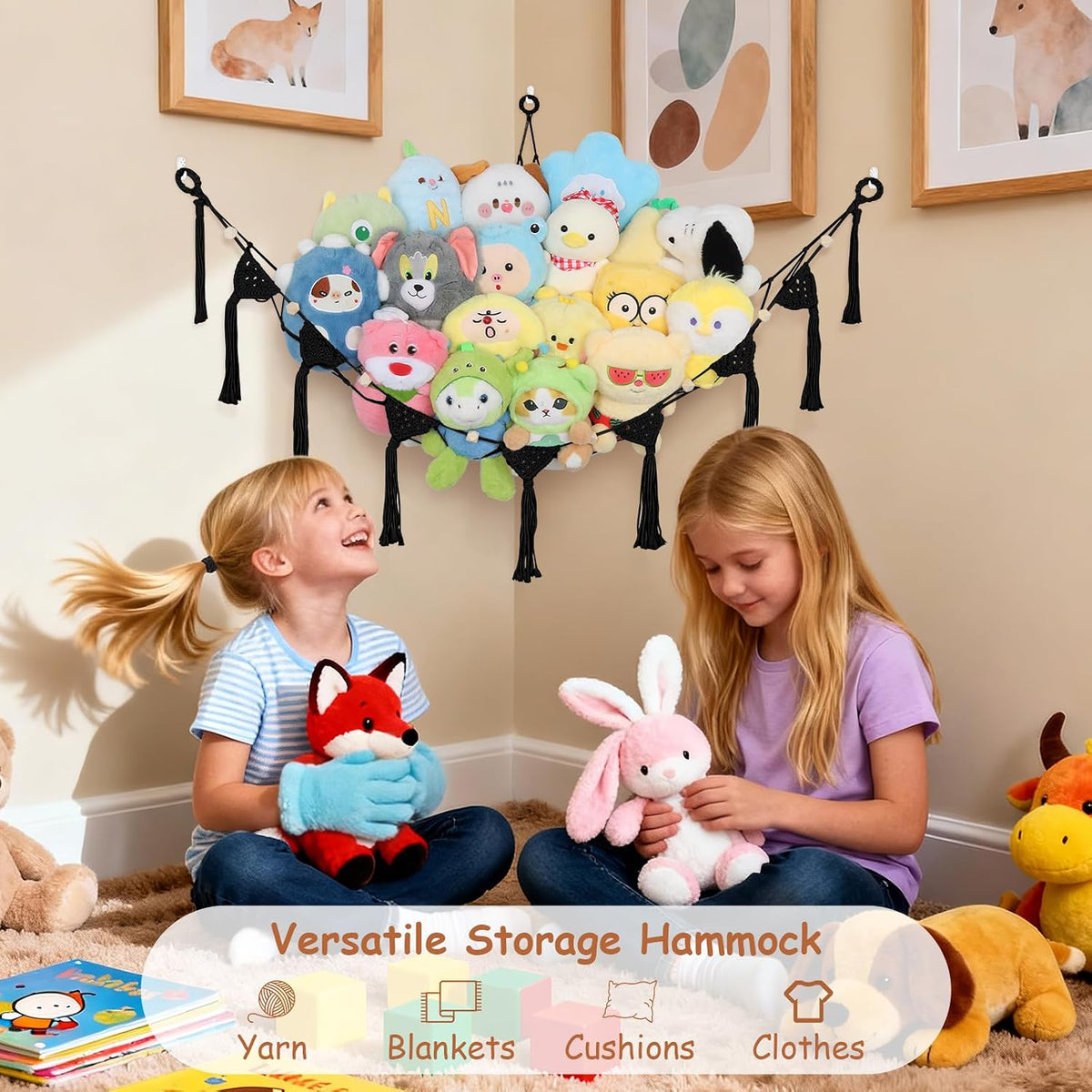Stuffed Animal Storage Hammock Corner, 56'' Large Macrame Plushie Net,Black