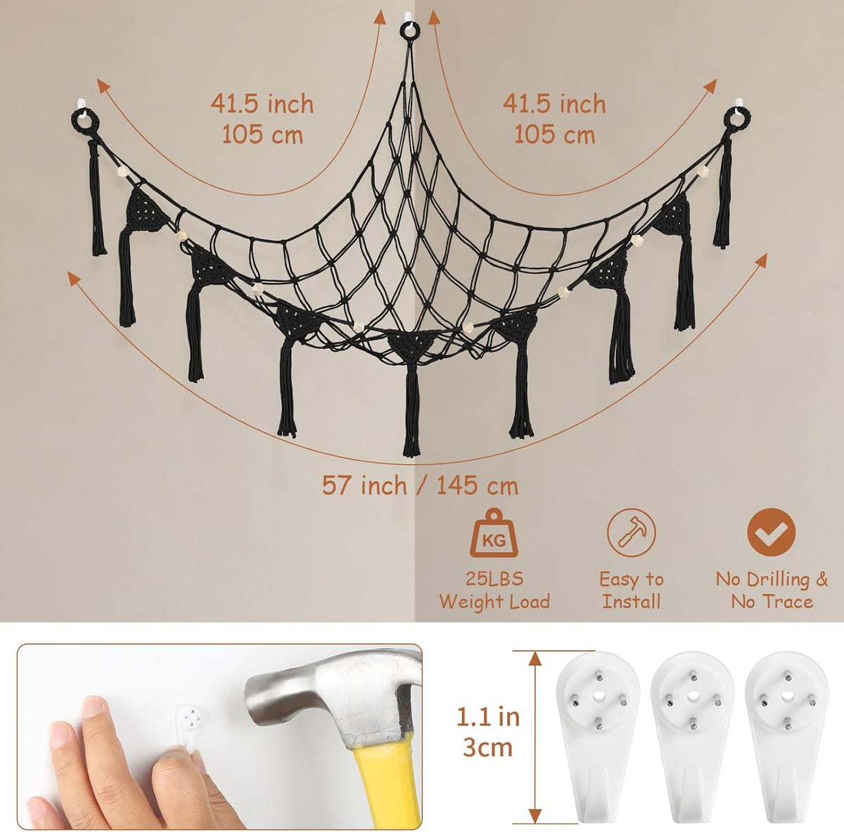 Stuffed Animal Storage Hammock Corner, 56'' Large Macrame Plushie Net,Black