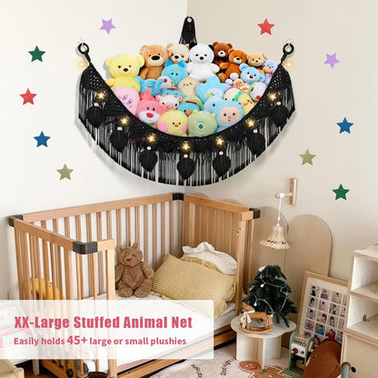 Stuffed Animal Storage Hammock Corner, 56'' Large Macrame Plushie Net,Black