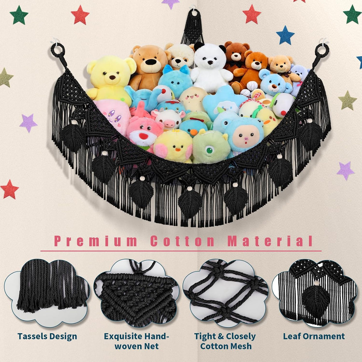 Stuffed Animal Storage Hammock Corner, 56'' Large Macrame Plushie Net,Black