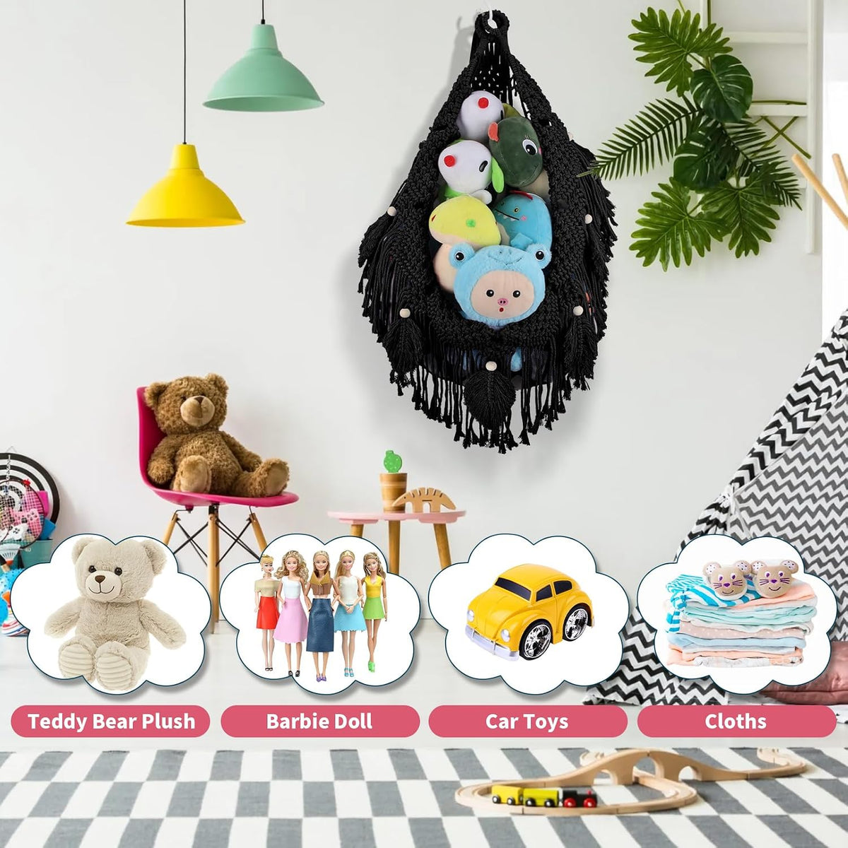 Stuffed Animal Storage Hammock Corner, 56'' Large Macrame Plushie Net,Black