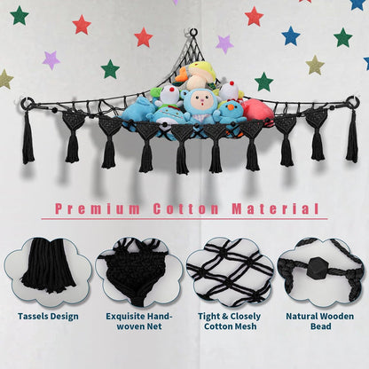 Stuffed Animal Storage Hammock Corner, 56'' Large Macrame Plushie Net,Black