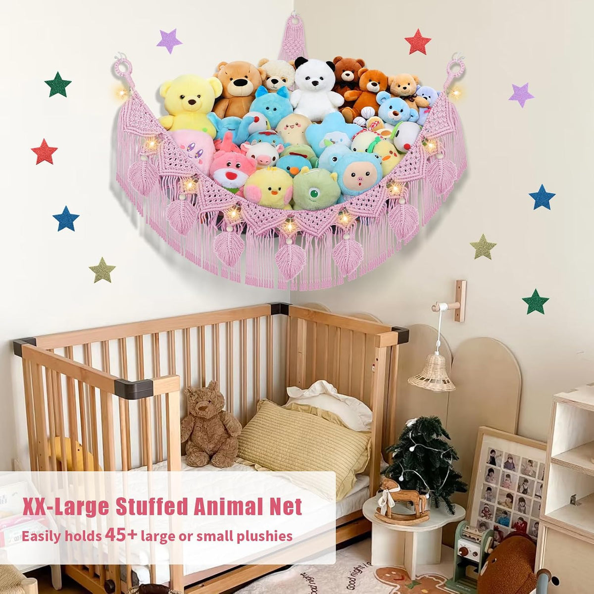 Stuffed Animal Storage Hammock Corner, 56'' Large Macrame Plushie Net,Black