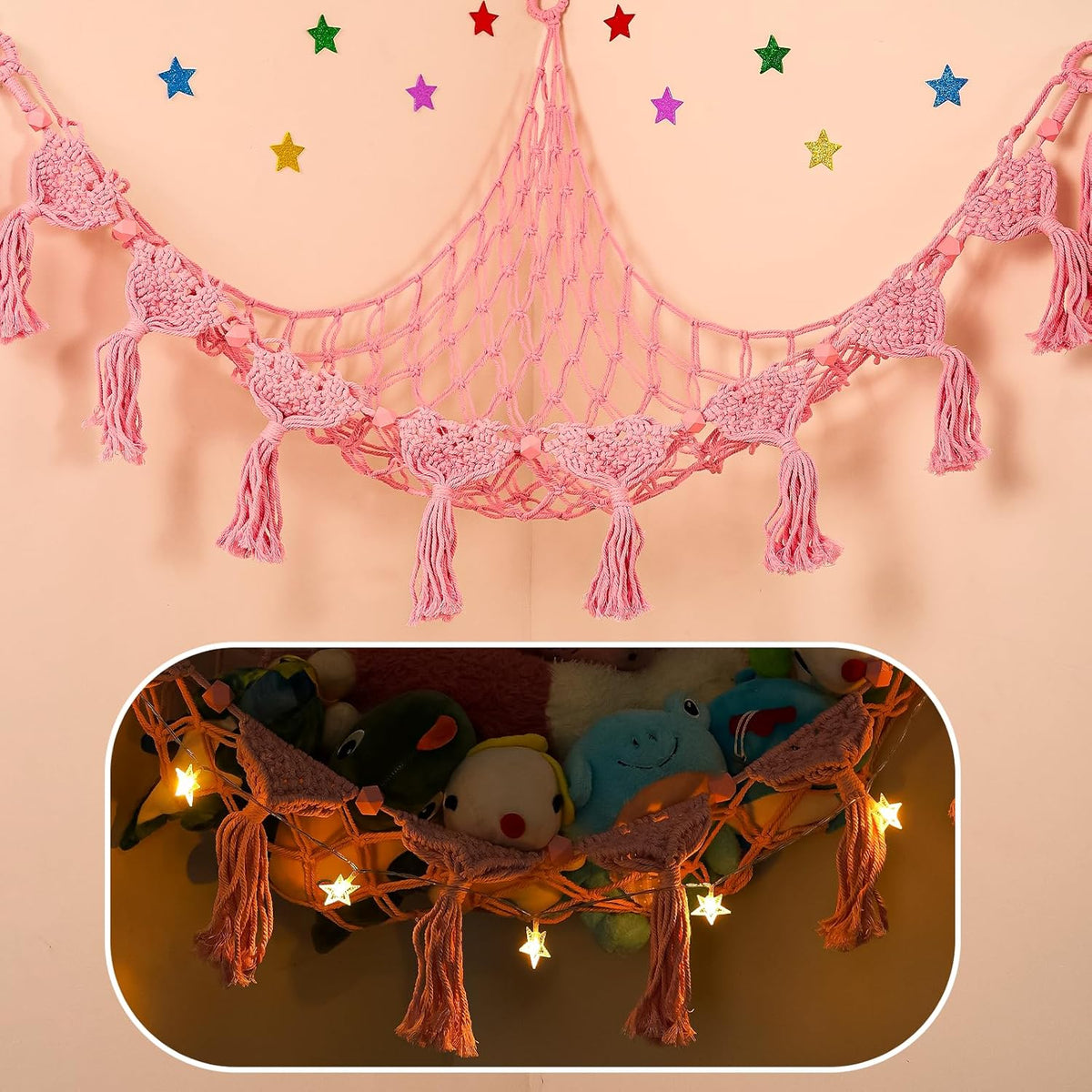 Stuffed Animal Storage Hammock Corner, 56'' Large Macrame Plushie Net,Black