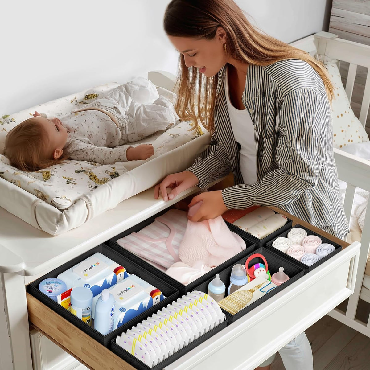 Drawer Organizer Clothes - Closet Drawer Organizer Bins for Baby Clothes Storage, Fabric Dresser Organizer for Nursery Bedroom, Foldable Small Drawer Dividers for Underwear Socks