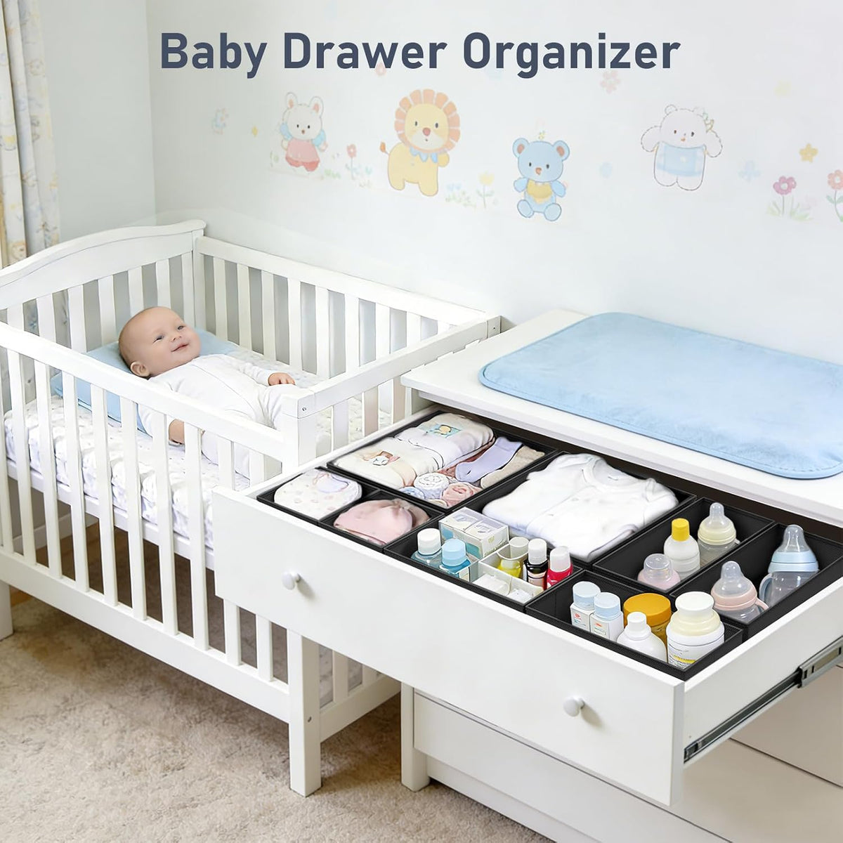 Drawer Organizer Clothes - Closet Drawer Organizer Bins for Baby Clothes Storage, Fabric Dresser Organizer for Nursery Bedroom, Foldable Small Drawer Dividers for Underwear Socks