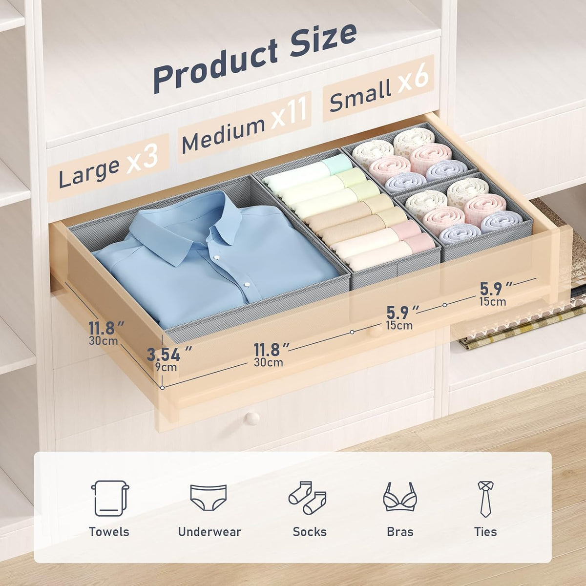 Drawer Organizer Clothes - Closet Drawer Organizer Bins for Baby Clothes Storage, Fabric Dresser Organizer for Nursery Bedroom, Foldable Small Drawer Dividers for Underwear Socks