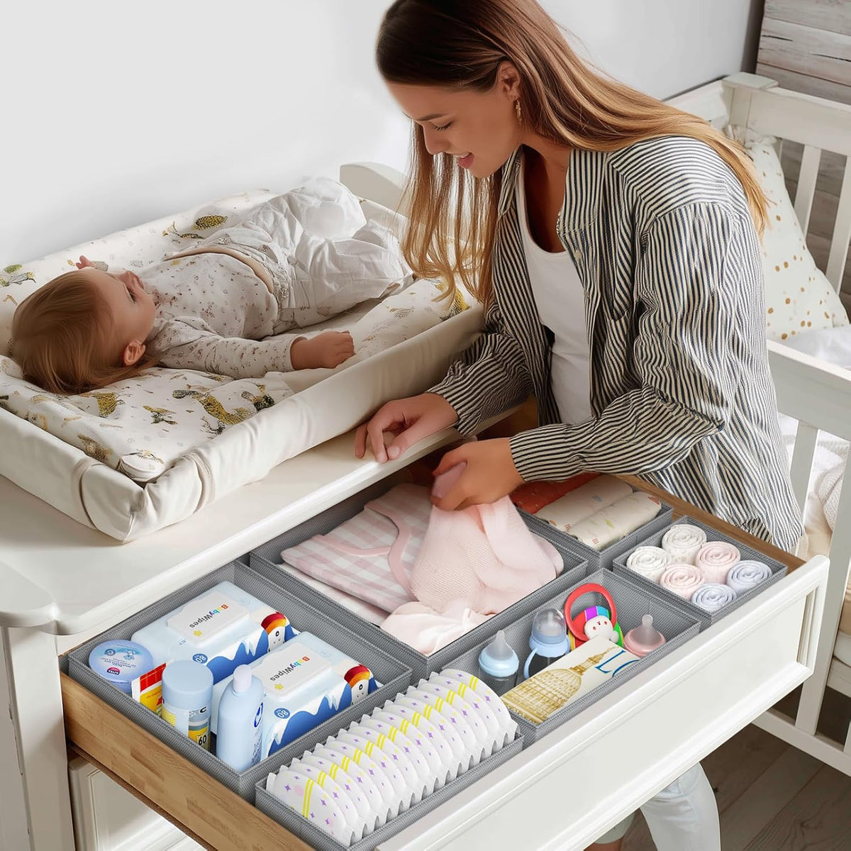 Drawer Organizer Clothes - Closet Drawer Organizer Bins for Baby Clothes Storage, Fabric Dresser Organizer for Nursery Bedroom, Foldable Small Drawer Dividers for Underwear Socks