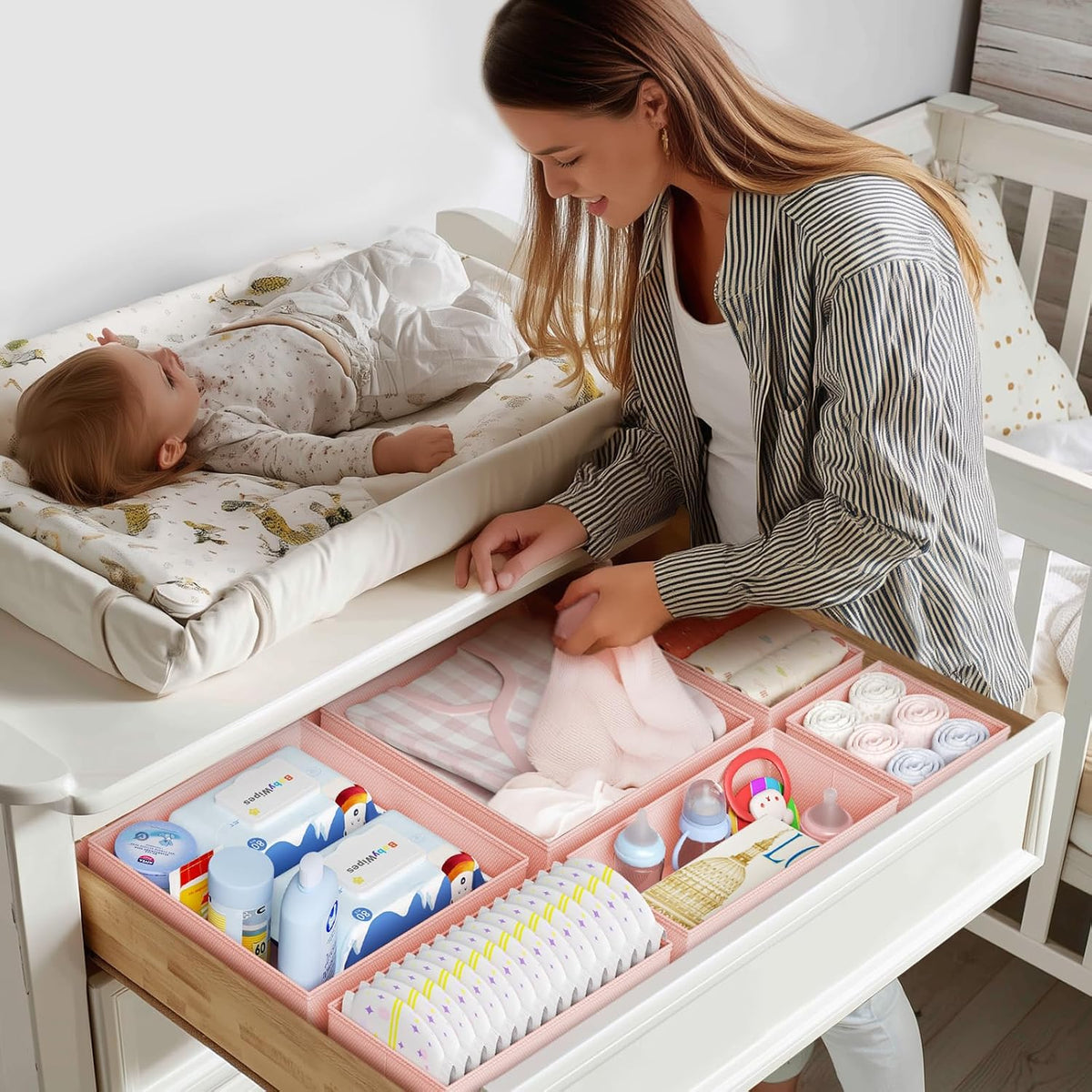 Drawer Organizer Clothes - Closet Drawer Organizer Bins for Baby Clothes Storage, Fabric Dresser Organizer for Nursery Bedroom, Foldable Small Drawer Dividers for Underwear Socks