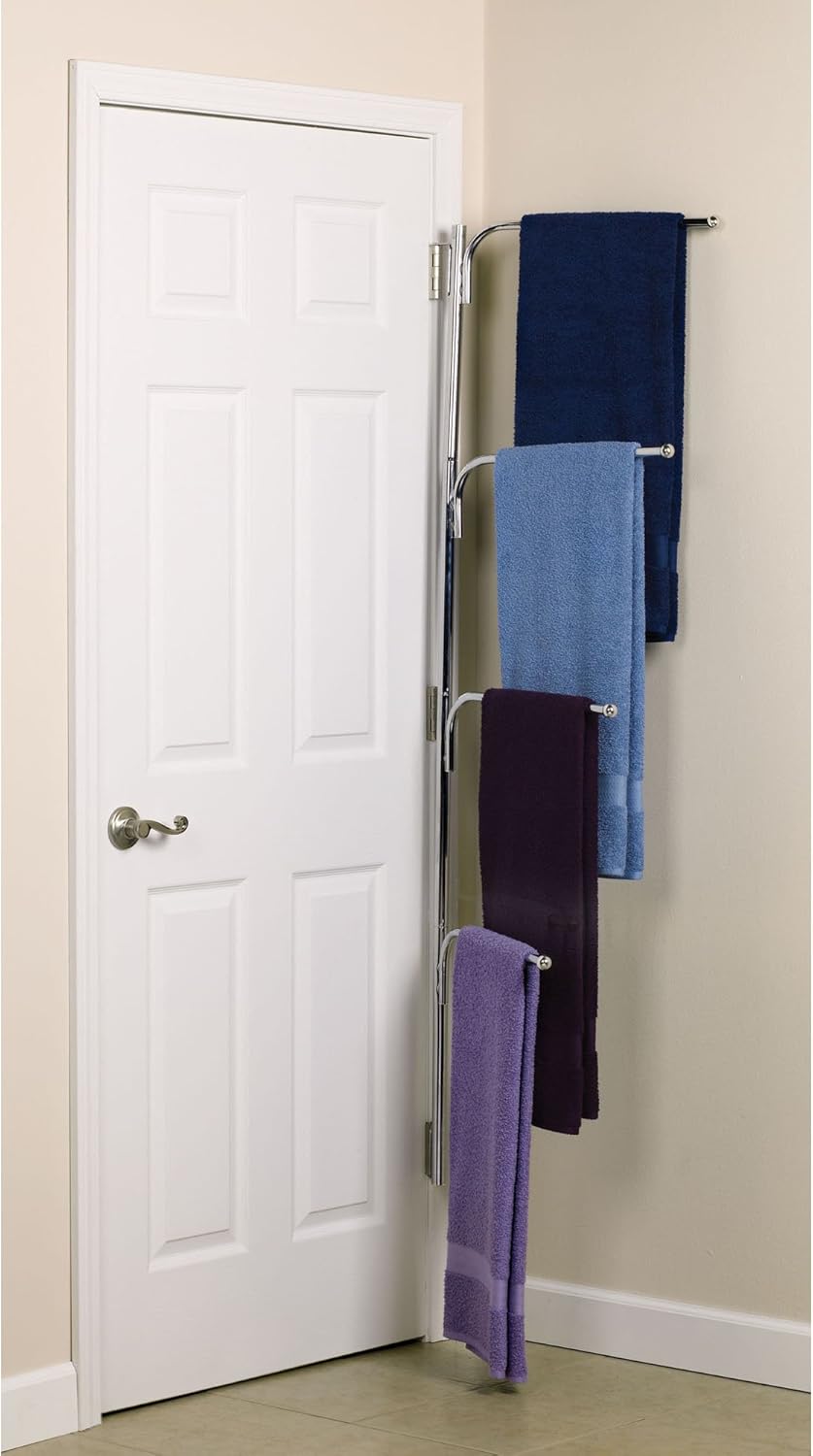 Hinge‑IT Clutterbuster Family Towel Bar with 4 Swiveling Bars for Over‑Door Organizer, Silver
