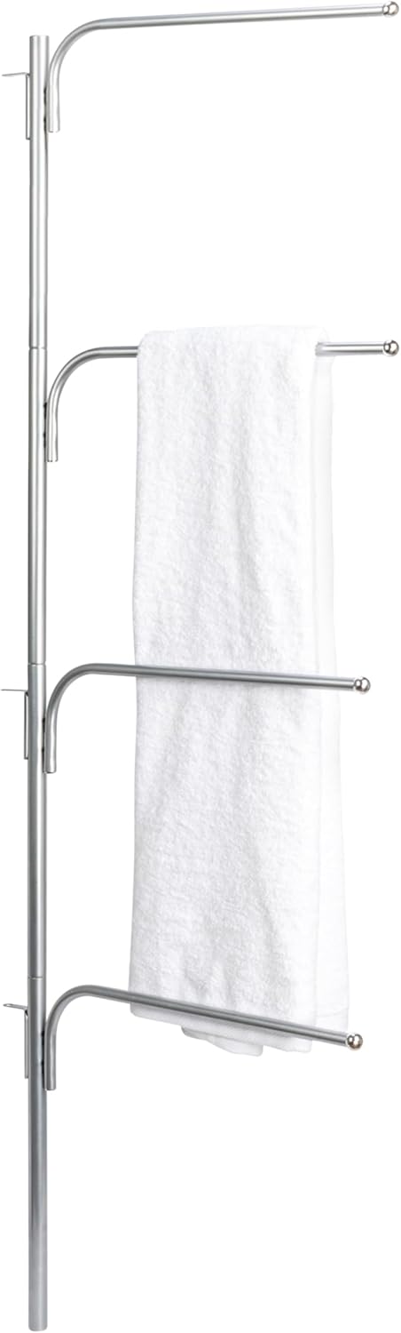 Hinge‑IT Clutterbuster Family Towel Bar with 4 Swiveling Bars for Over‑Door Organizer, Silver