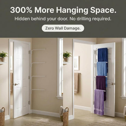 Hinge‑IT Clutterbuster Family Towel Bar with 4 Swiveling Bars for Over‑Door Organizer, Silver