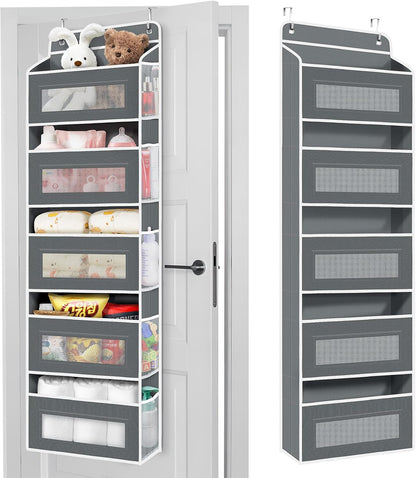 Heavy Duty Nursery Hanging Organizer Over the Door - 5 Large Tiers Storage for Diapers, Wipes & Toys - Reinforced No-Sag Bottom, 10 Clear Windows & Sturdy Hooks - Odorless Baby Room Organization