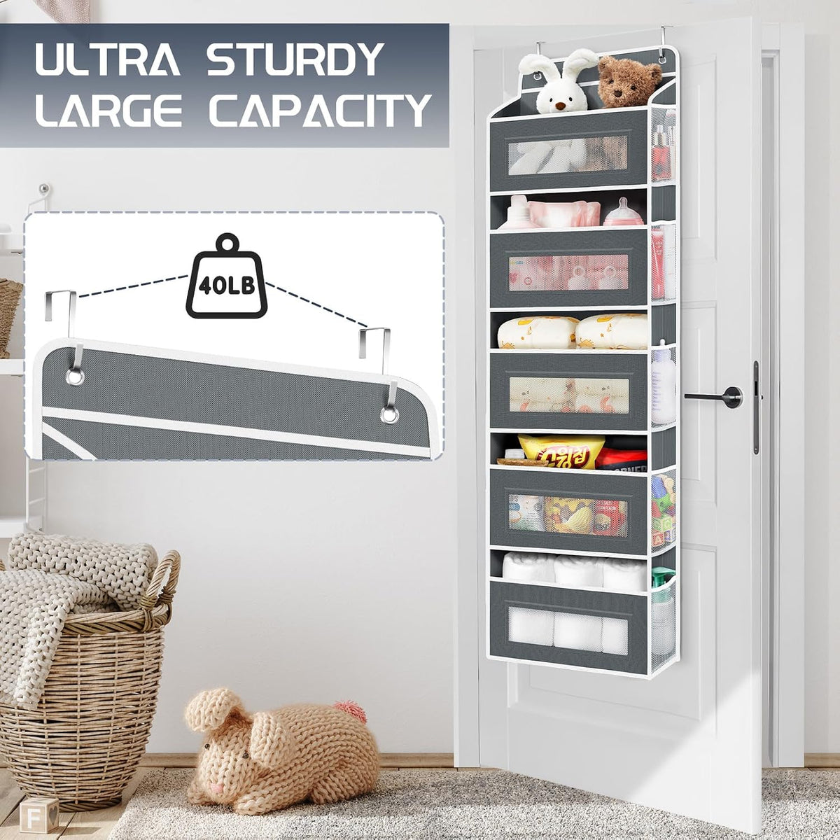 Heavy Duty Nursery Hanging Organizer Over the Door - 5 Large Tiers Storage for Diapers, Wipes & Toys - Reinforced No-Sag Bottom, 10 Clear Windows & Sturdy Hooks - Odorless Baby Room Organization